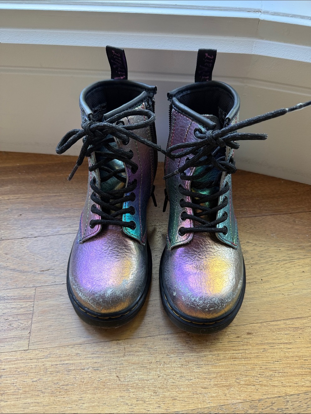Dr. Martens Kids Iridescent Rainbow Combat Boots - Black Laces